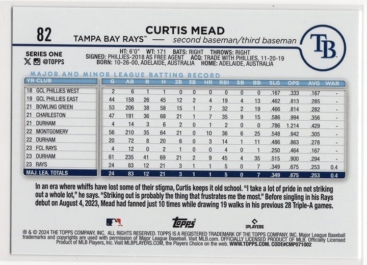 Curtis Mead 2024 Topps Series 1 Rookie Card #82