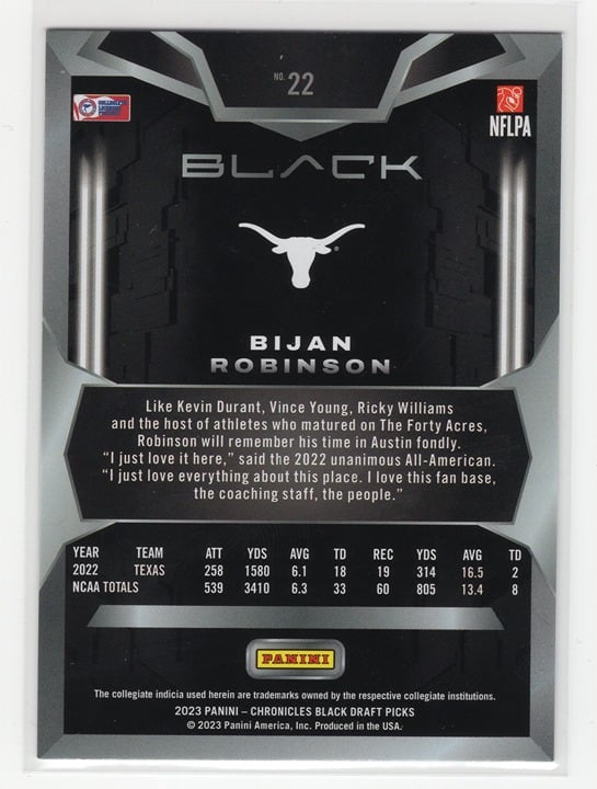 Bijan Robinson 2023 Panini Chronicles Black Draft Picks  Texas #22
