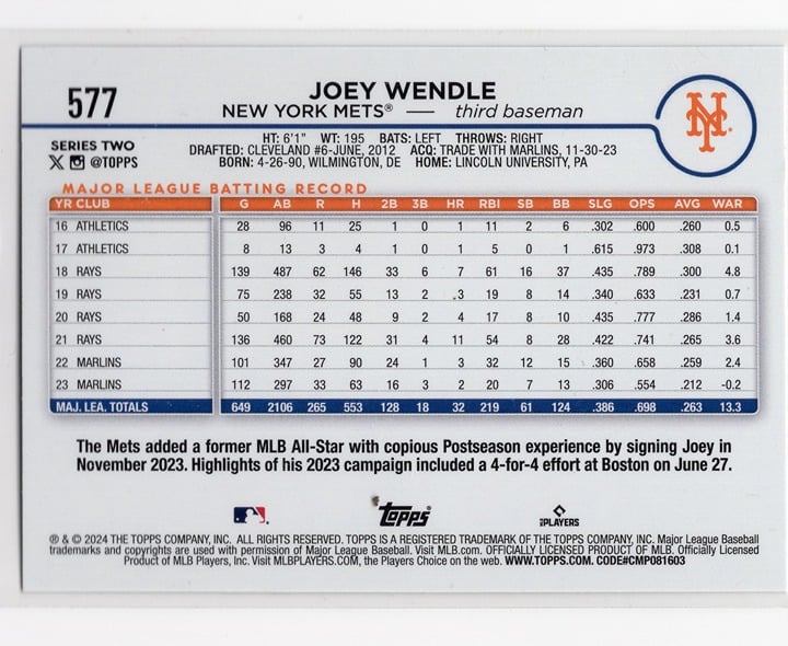 Joey Wendle 2024 Topps Series Two Fireworks  Foil #577